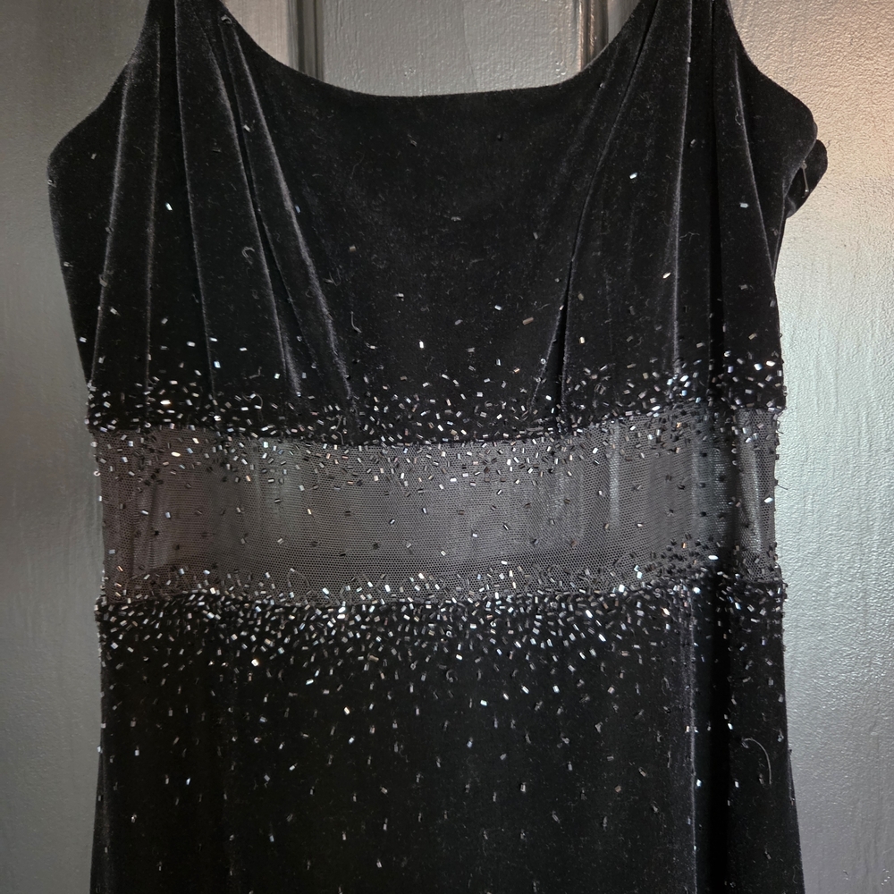 Betsy & Adam by Jaslene Black Velvet Gown with Sequin Mesh Waist - Picture 7 of 12